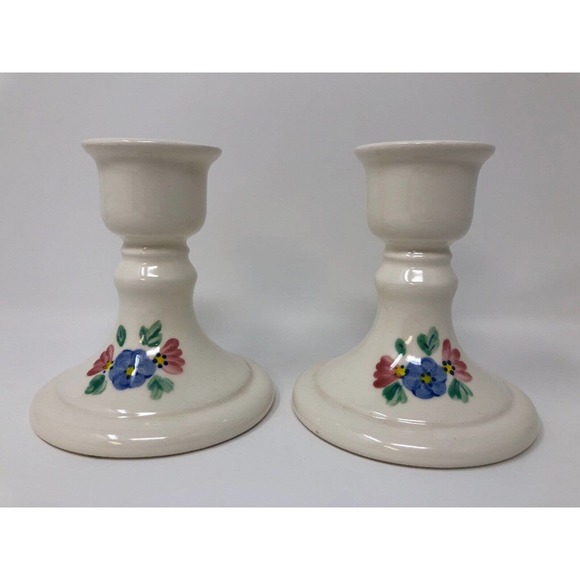 Unbranded Other - White Taper Candle Candlestick Holder Blue Pink Floral Design Pedestal Set of 2